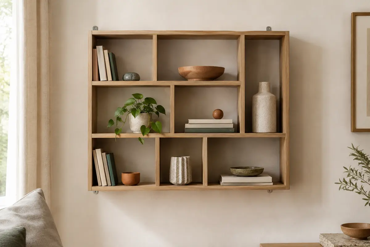 Étagère murale Homcom à huit compartiments, finition chêne, installée dans un salon clair.