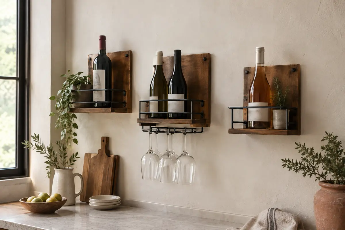 Trois porte-bouteilles muraux bruns et noirs, dont un avec porte-verres, installés sur un mur clair