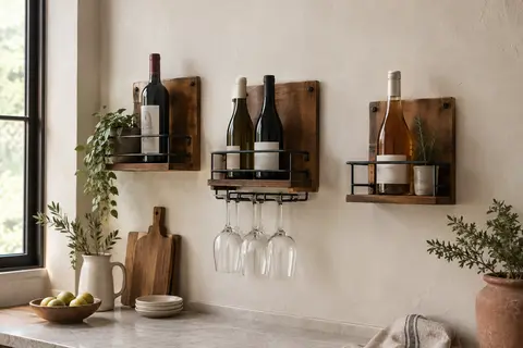Trois porte-bouteilles muraux bruns et noirs, dont un avec porte-verres, installés sur un mur clair