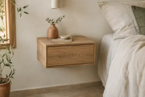 Chevet mural au décor chêne avec tiroir sans poignée, fixé près d’un lit dans une chambre sobre.