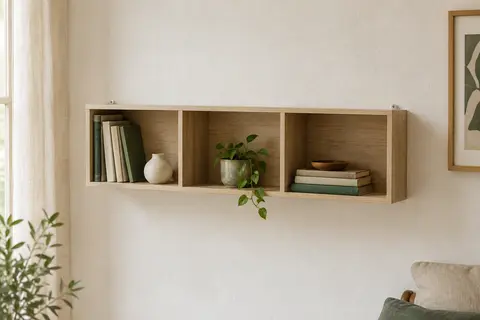 Étagère murale Idimex décor chêne Sonoma avec trois compartiments ouverts, installée sur un mur clair