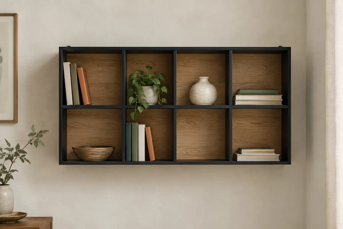 Étagère murale noire à fonds effet bois, à huit cases réparties sur deux rangées de quatre, avec livres, vase et plante.