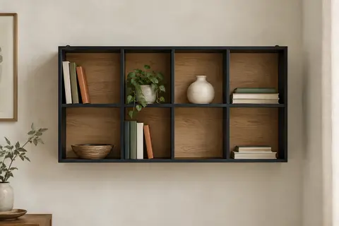 Étagère murale noire à fonds effet bois, à huit cases réparties sur deux rangées de quatre, avec livres, vase et plante.