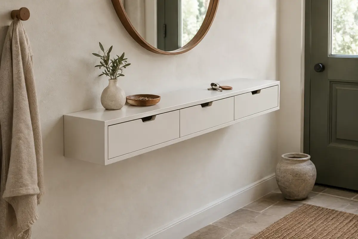Étagère murale console blanche avec trois tiroirs, installée sur un mur clair dans une entrée sobre.