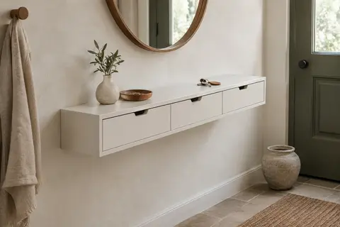 Étagère murale console blanche avec trois tiroirs, installée sur un mur clair dans une entrée sobre.