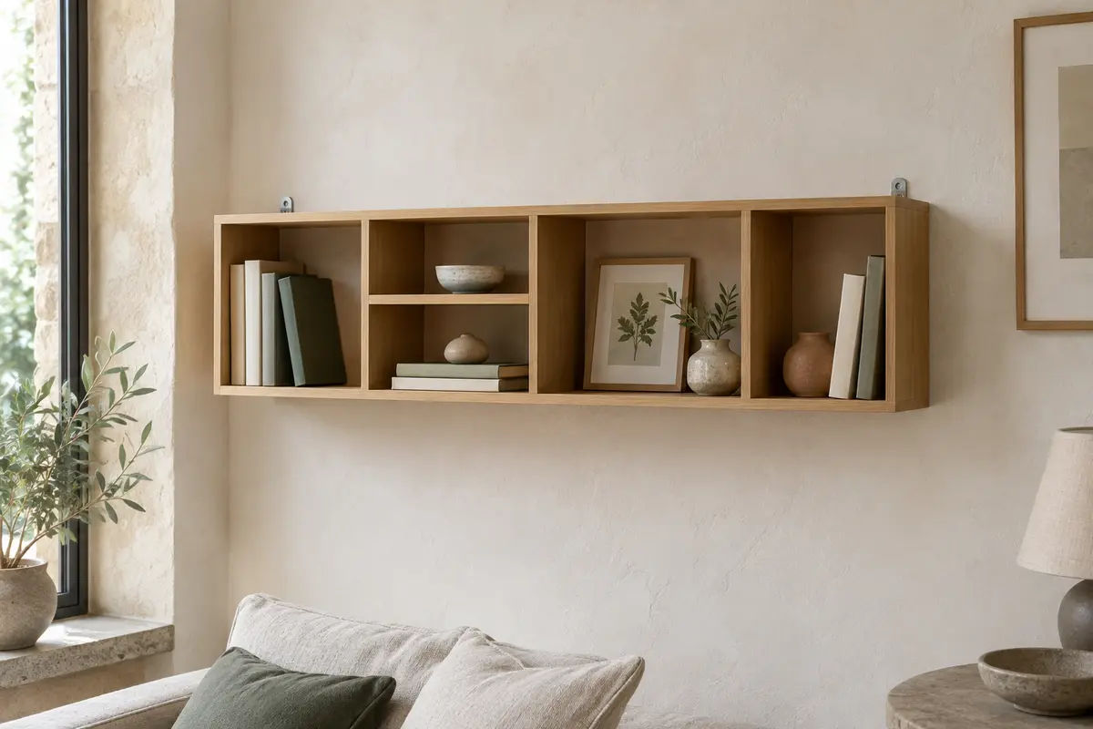 Étagère murale Lucas façon hêtre avec compartiments carrés et crochets métalliques discrets