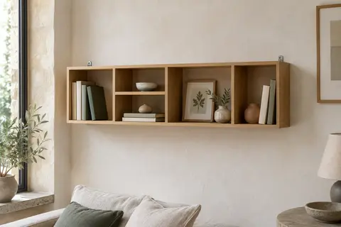 Étagère murale Lucas façon hêtre avec compartiments carrés et crochets métalliques discrets