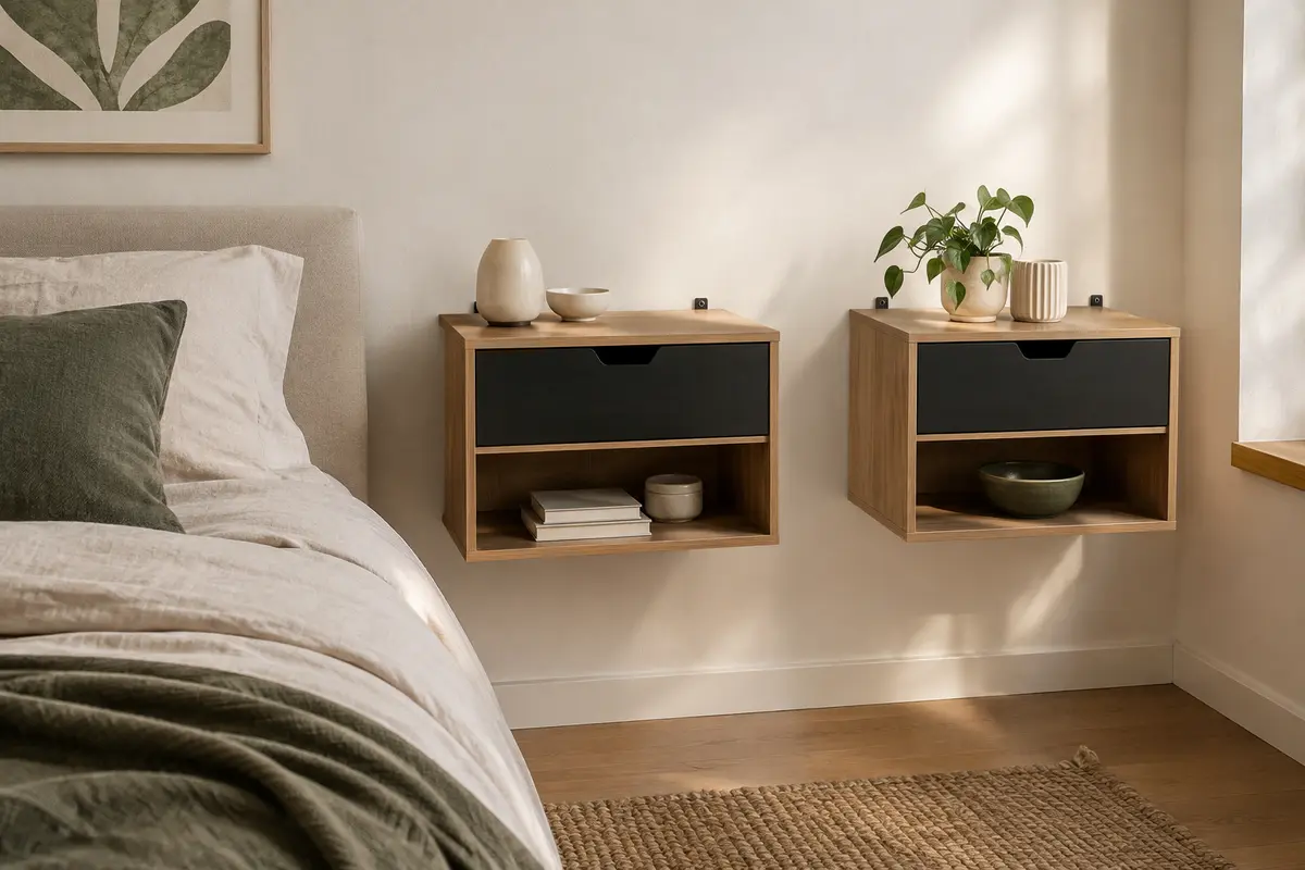 Deux chevets muraux façon hêtre et noir avec tiroir, niche ouverte et tablette, fixés au mur d’une chambre.