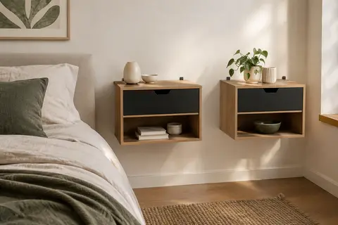 Deux chevets muraux façon hêtre et noir avec tiroir, niche ouverte et tablette, fixés au mur d’une chambre.