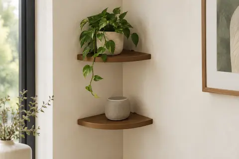 Étagère d’angle à deux plateaux en quart de cercle, finition marron rouille, fixée dans l’angle de deux murs clairs avec une enceinte et une plante.