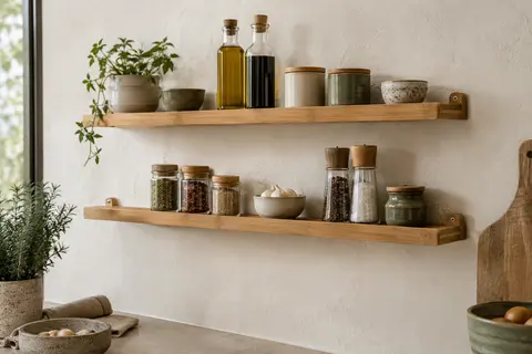 Deux étagères à épices en bambou naturel fixées sur un mur clair avec des petits pots de condiments