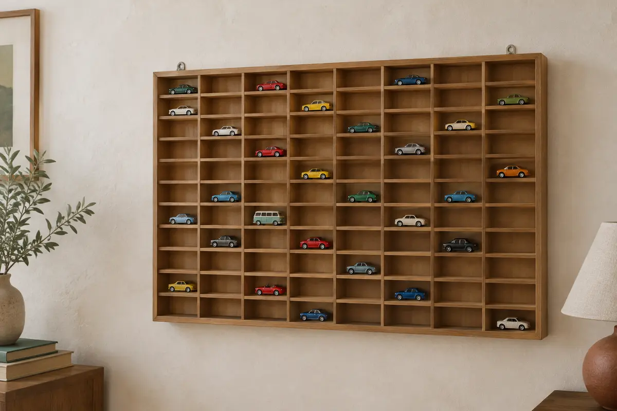 Vitrine murale en pin brun clair à 90 petites cases, garnie d’une vingtaine de voitures miniatures, sur un mur blanc cassé à la chaux.