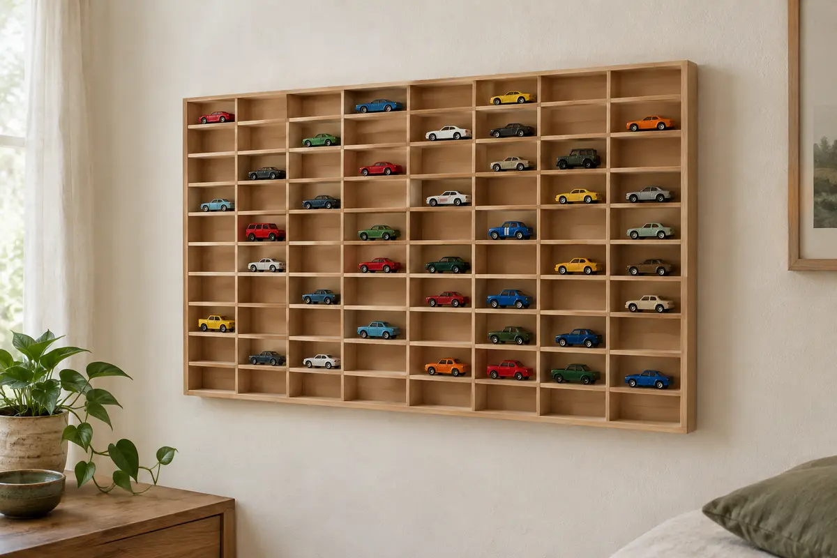 Vitrine murale en pin clair à 80 petites cases, quelques voitures miniatures rangées une par case, fixée au mur blanc cassé d’une chambre.