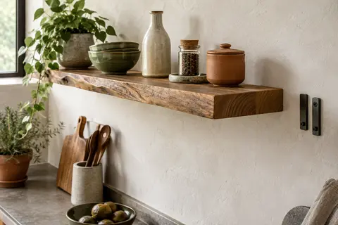 Étagère flottante Lamo en bois rustique, bord naturel et fixation invisible dans une cuisine claire.
