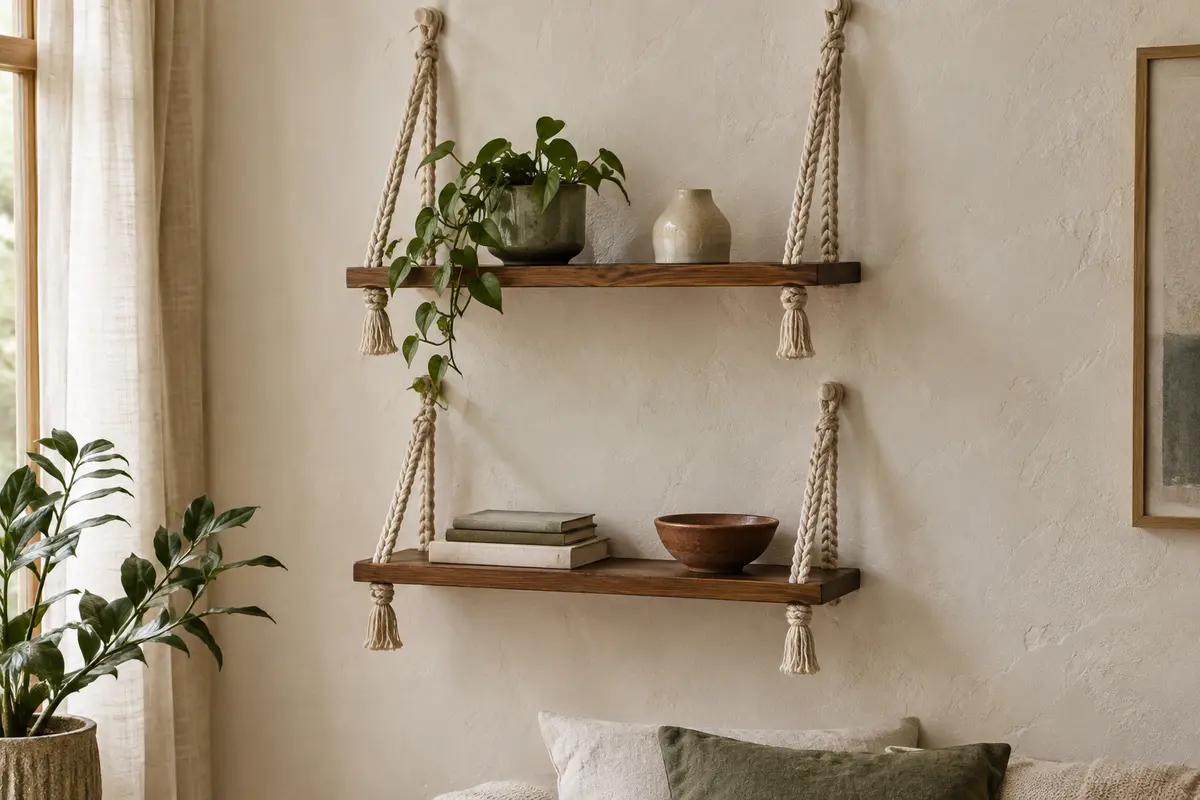 Deux étagères en bois brun suspendues par des cordes de macramé sur un mur clair, décorées de plantes et de céramique.