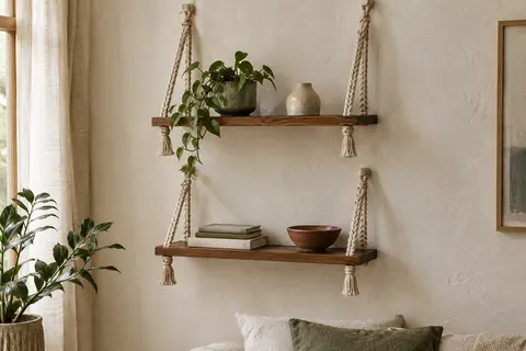 Deux étagères en bois brun suspendues par des cordes de macramé sur un mur clair, décorées de plantes et de céramique.