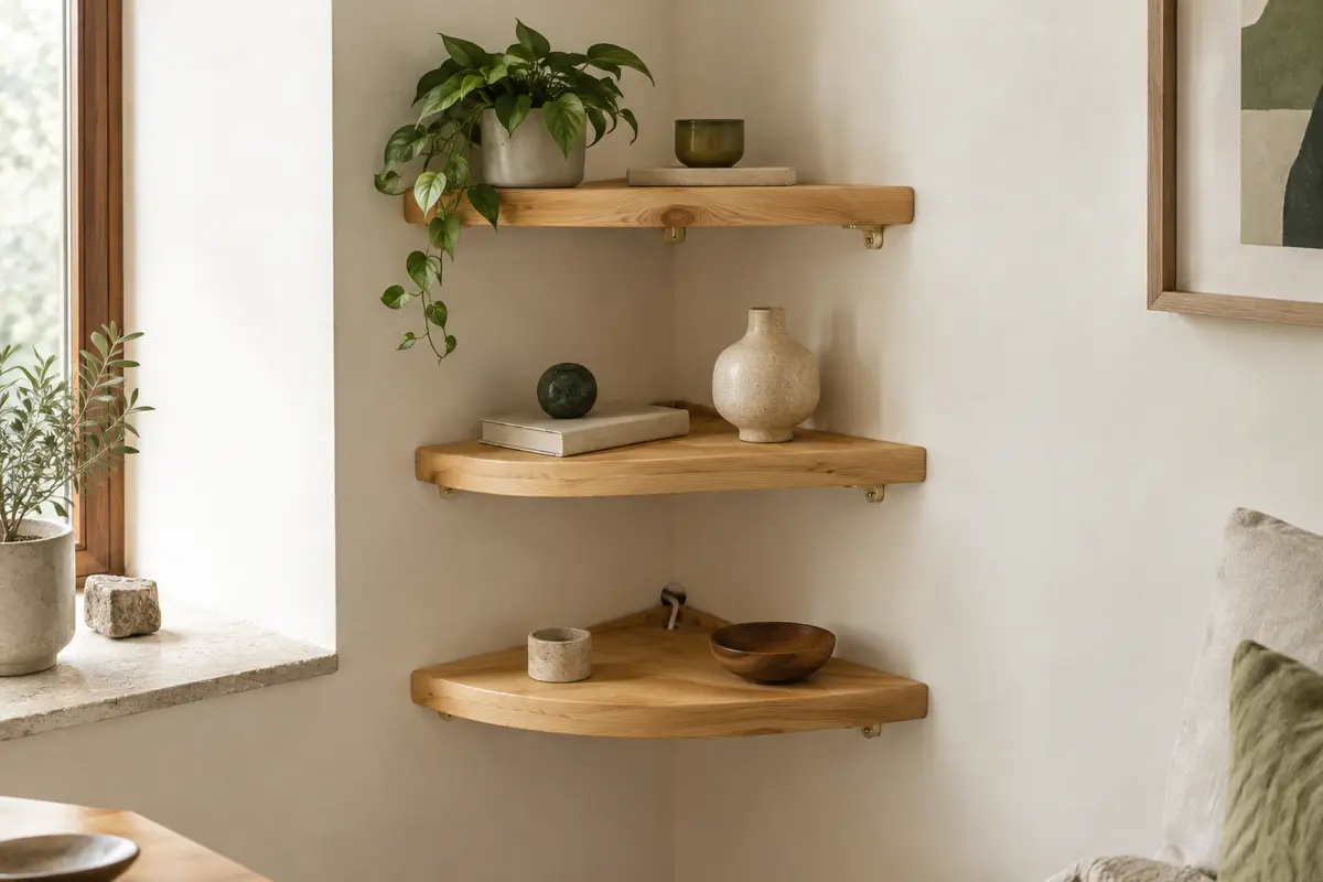 Trois étagères d’angle en pin installées sur un mur clair, avec quelques objets décoratifs et leurs fixations visibles.