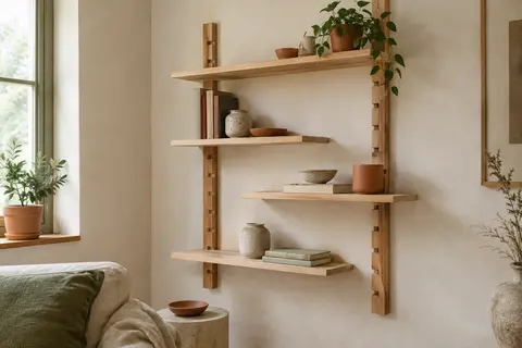 Étagère murale modulable en bois massif et terracotta, garnie de petits objets sur un mur blanc cassé.