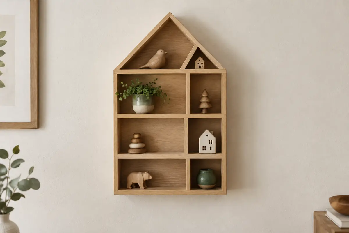 Étagère murale en bois clair en forme de maison à huit cases, dont deux triangulaires dans le toit, accrochée sur un mur clair.