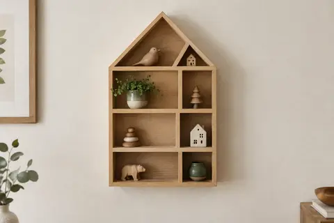 Étagère murale en bois clair en forme de maison à huit cases, dont deux triangulaires dans le toit, accrochée sur un mur clair.