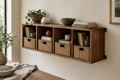 Étagère murale en bois de noyer huilé avec quatre cubes et paniers amovibles