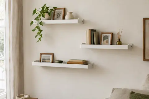 Trois étagères murales blanches à rebord installées sur un mur, avec quelques objets décoratifs