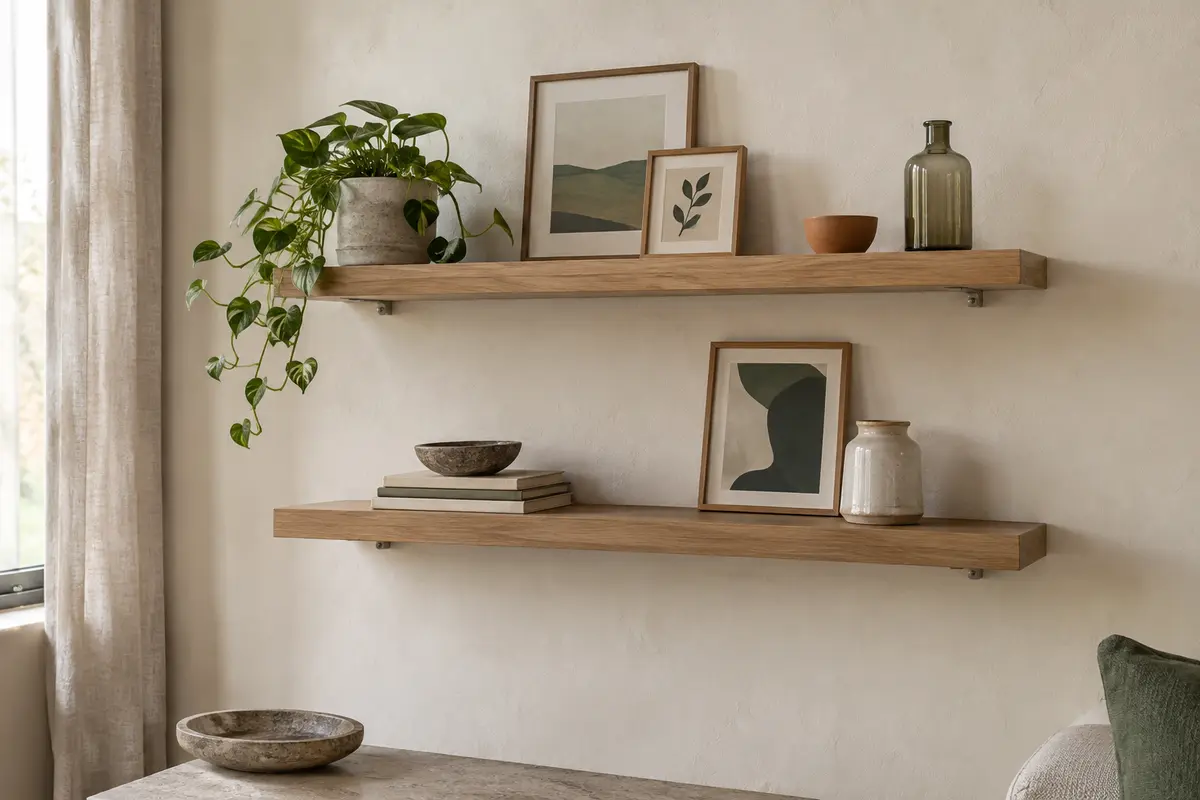 Deux étagères murales flottantes teinte chêne avec rebord, fixées sur un mur blanc cassé et décorées de petits objets.