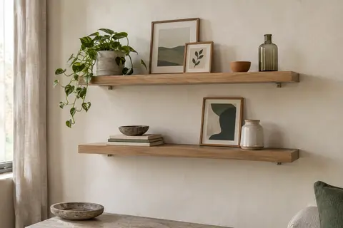 Deux étagères murales flottantes teinte chêne avec rebord, fixées sur un mur blanc cassé et décorées de petits objets.