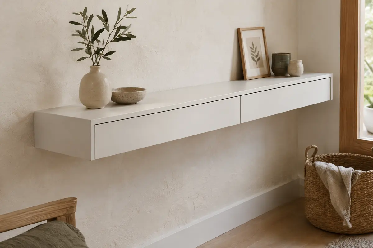 Étagère murale blanche en MDF avec deux tiroirs, installée sur un mur clair dans un intérieur épuré.