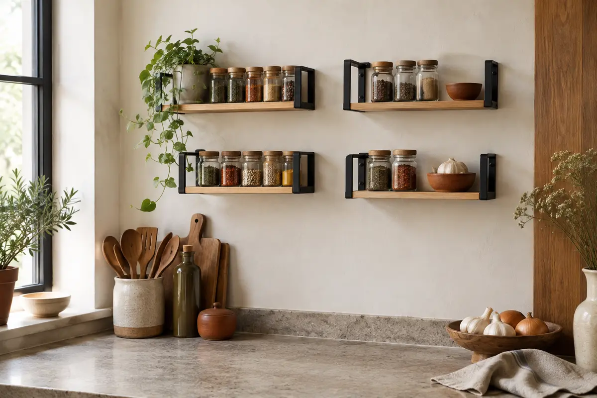 Quatre étagères murales noires avec détails en bambou clair, garnies de pots d’épices dans une cuisine lumineuse.