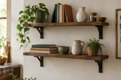 Deux étagères murales au décor bois marron rustique avec leurs supports en acier noir mat