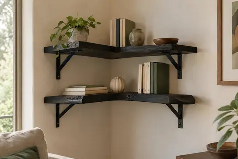 Étagère d’angle à deux niveaux en paulownia noir carbonisé et métal, installée dans un salon sobre.