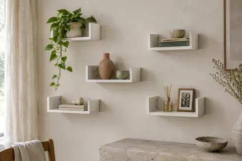 Cinq étagères murales blanches en bois, en forme de U, disposées en composition sur un mur clair