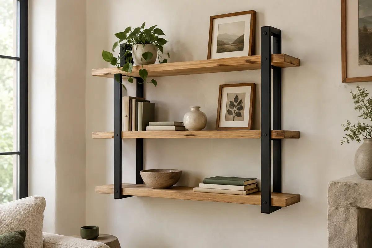 Étagère murale Sumgar à trois niveaux, tablettes en pin et finition bois et noir sur un mur clair.