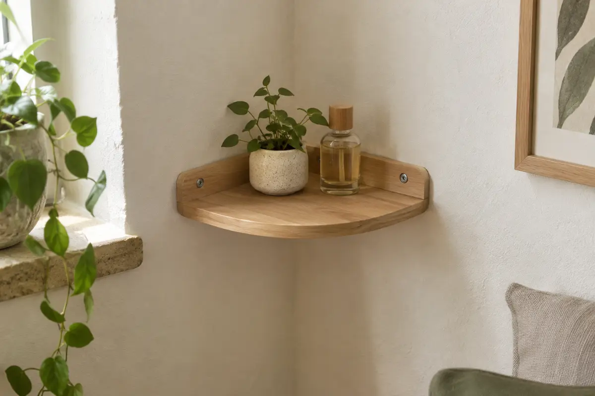 Petite étagère d’angle en bois d’hévéa clair fixée sur un mur blanc cassé, avec ses bords arrondis visibles.