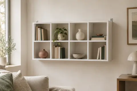 Étagère murale blanche TecTake à huit compartiments, installée sur un mur clair avec quelques objets décoratifs.