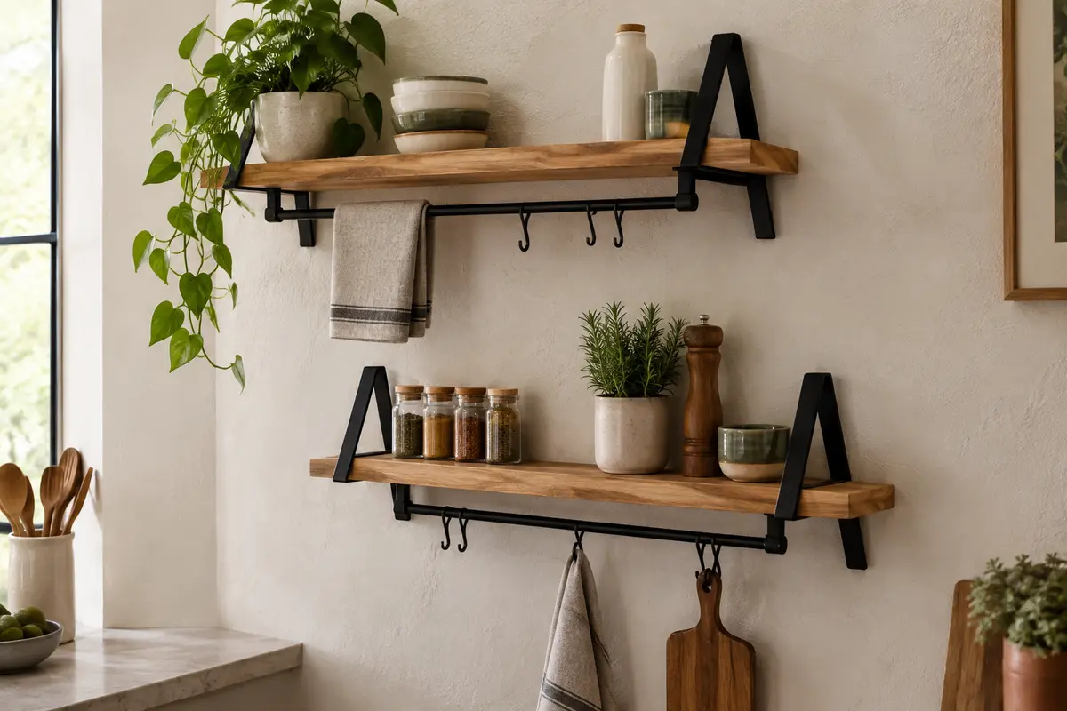 Deux tablettes murales en bois avec cadre noir, porte-serviettes amovible et crochets, fixées sur un mur clair.