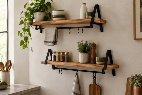 Deux tablettes murales en bois avec cadre noir, porte-serviettes amovible et crochets, fixées sur un mur clair.