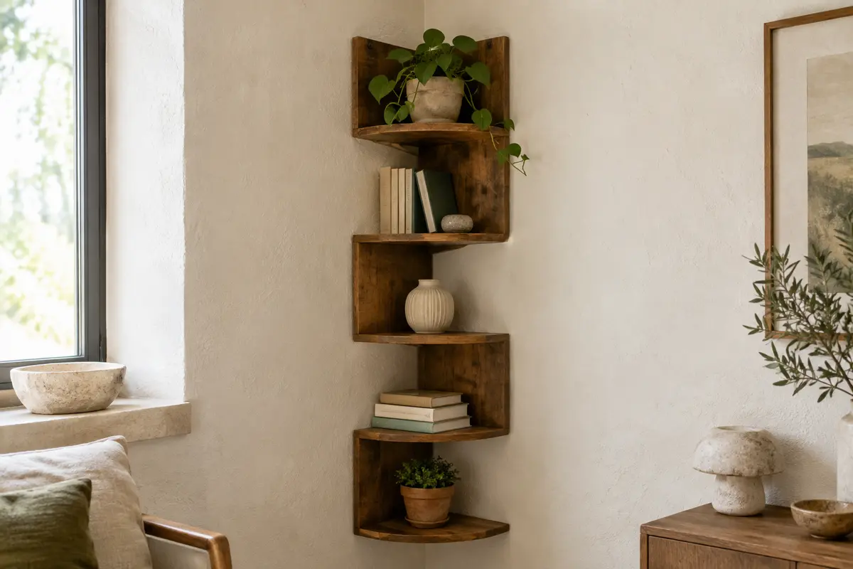 Étagère d’angle murale marron à cinq niveaux, installée dans un intérieur sobre aux tons naturels.