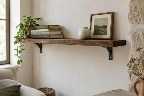 Étagère flottante brun rustique avec support en acier, installée sur un mur clair et décorée de livres et de céramique.