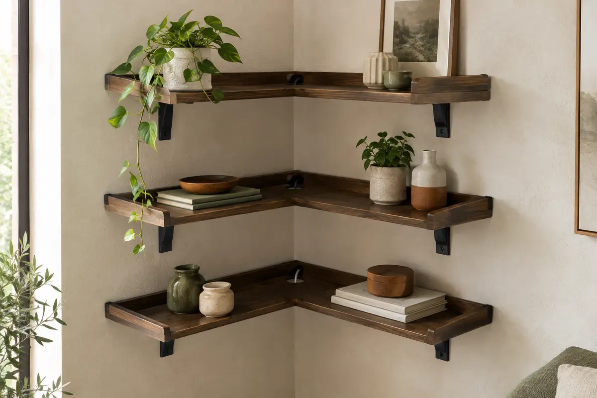 Trois étagères d’angle marron rustique et noires avec rebords relevés, installées sur un mur blanc cassé.