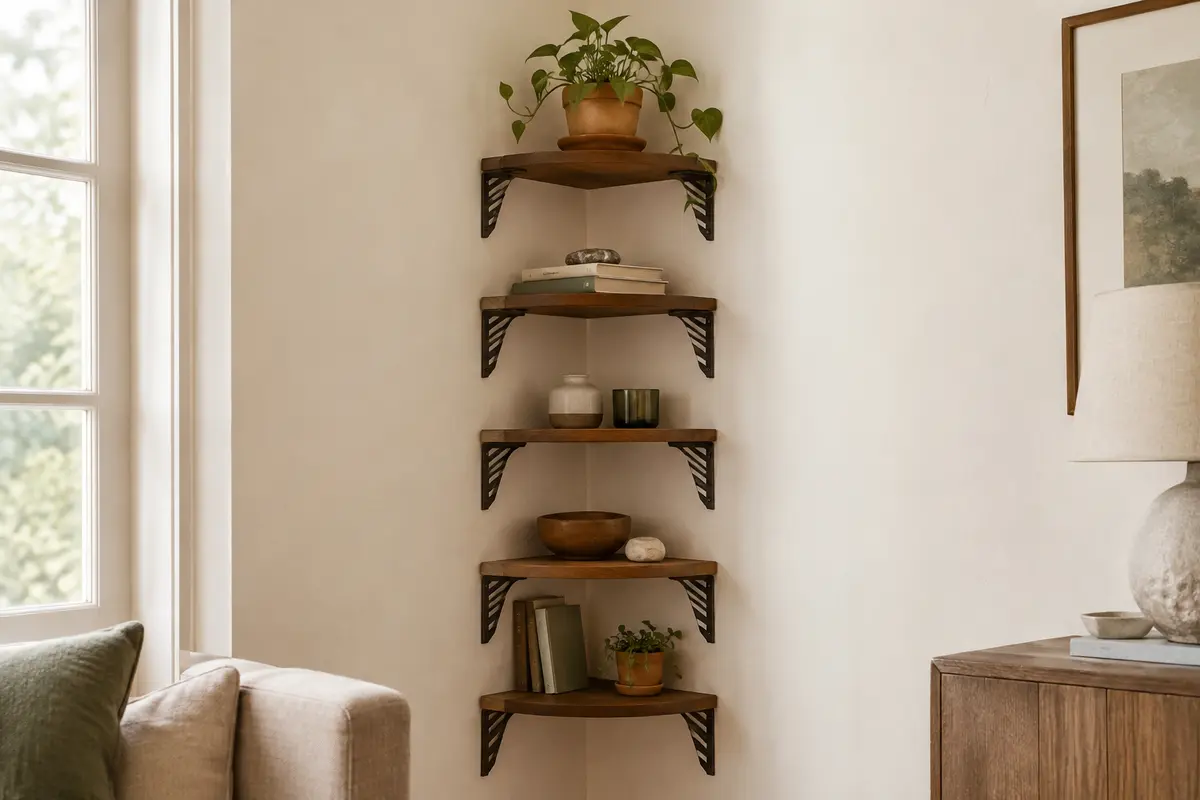 Étagère d’angle marron à cinq niveaux avec supports texturés, fixée dans un coin de mur clair