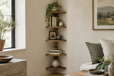 Étagère murale d’angle verticale en bois d’ingénierie, aménagée avec quelques livres et objets décoratifs.