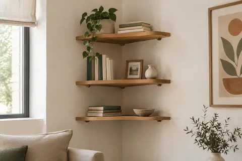 Étagère murale d’angle en bois d’ingénierie, installée dans un intérieur clair avec quelques objets décoratifs.