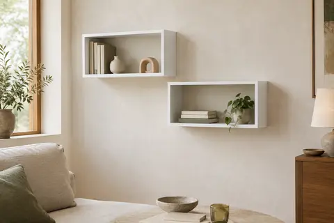 Deux étagères murales cubiques blanches présentant des livres et des objets décoratifs sur un mur clair.
