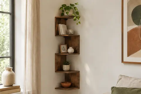 Étagère murale d’angle marron à cinq tablettes en éventail, fixée dans un coin de mur