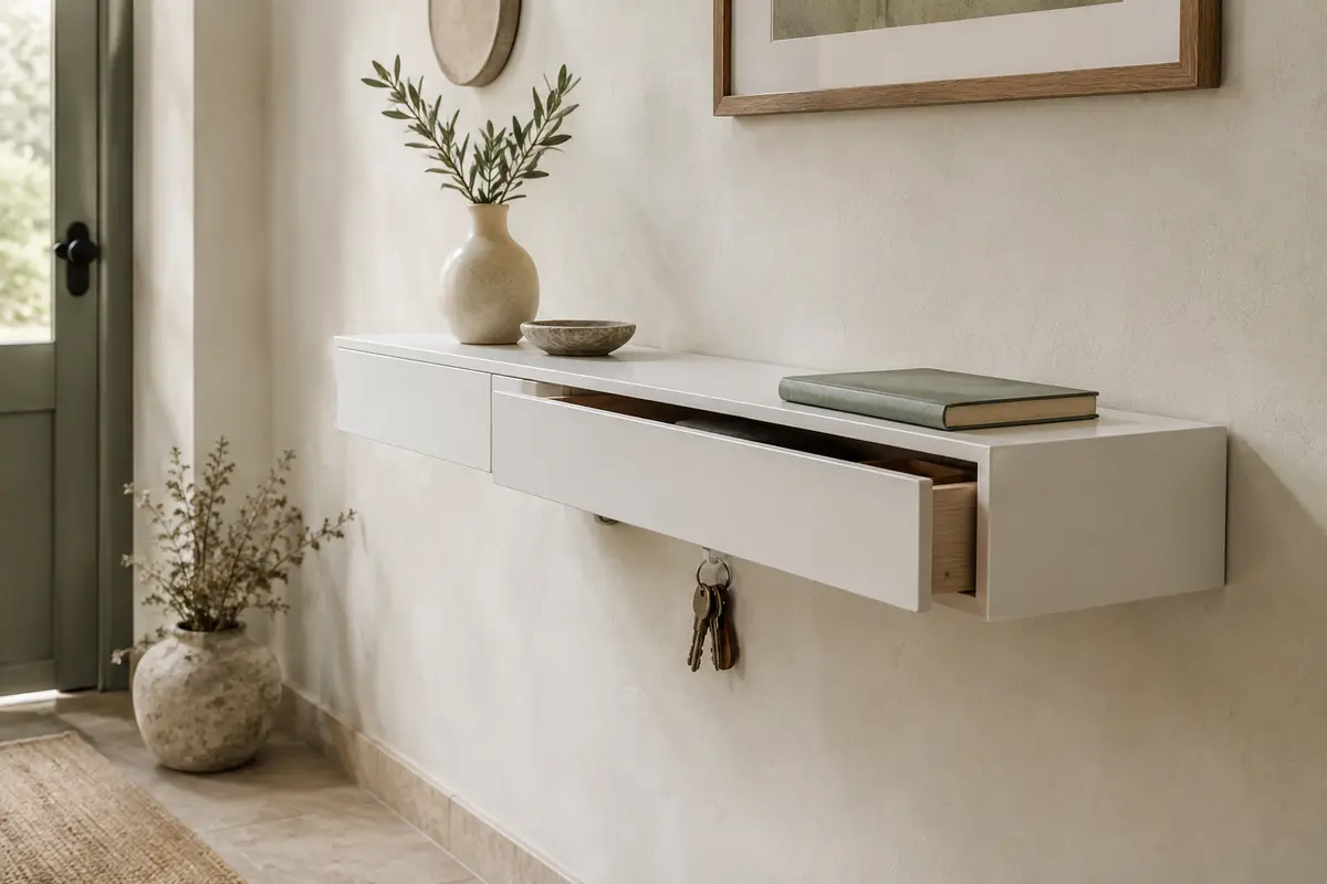 Étagère murale blanche à fixation cachée avec tiroir intégré, installée sur un mur clair dans une entrée.