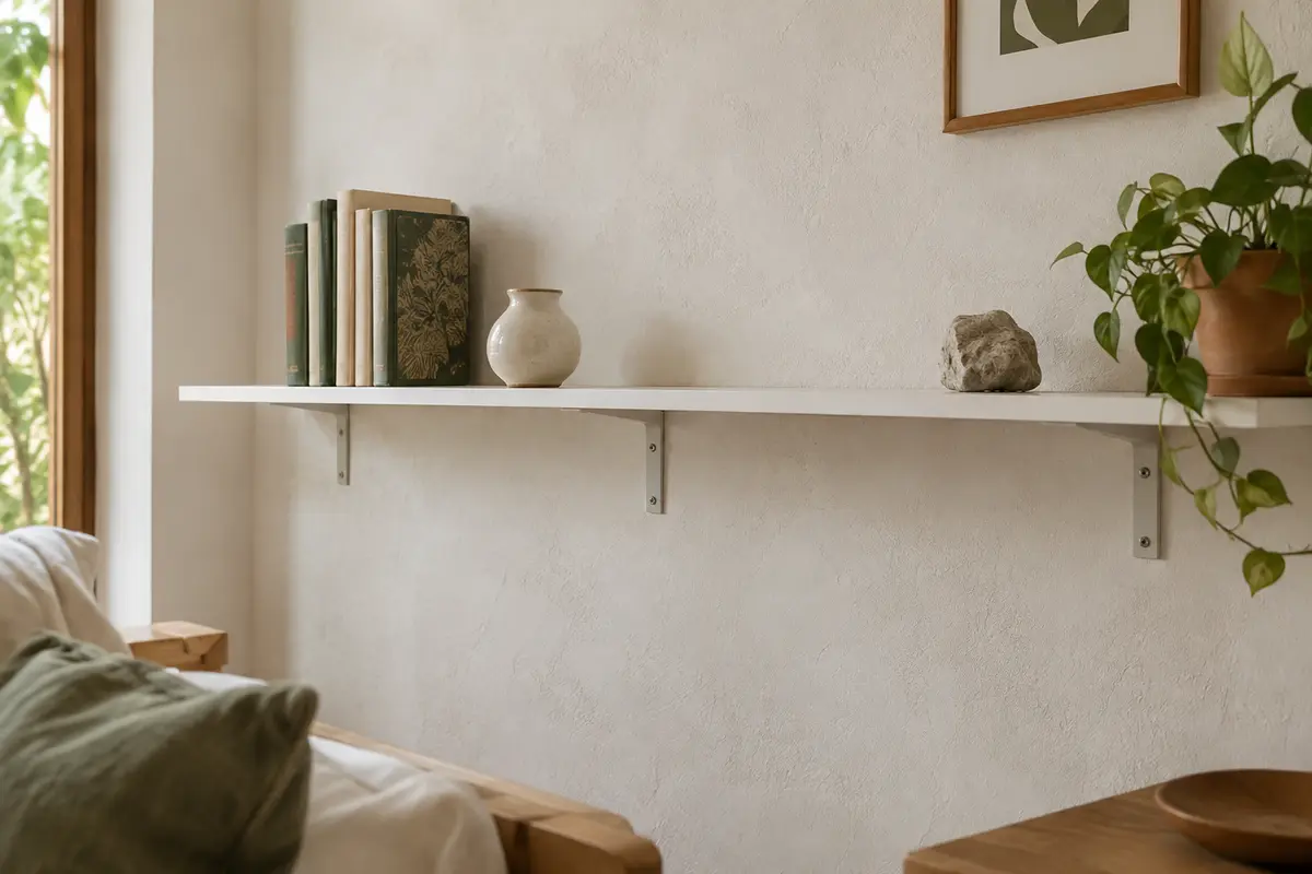 Étagère murale flottante blanche fixée sur un mur clair, avec livres et objets décoratifs.