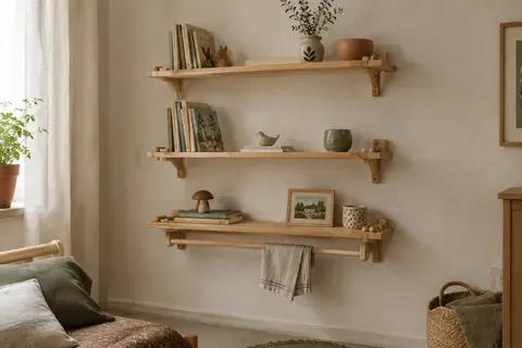 Trois étagères murales en pin avec rebords perlés et barre de suspension, installées dans une chambre d’enfant.