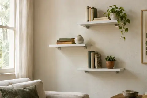 Trois étagères murales flottantes blanches en MDF, avec leurs fixations métalliques visibles sur un mur clair.